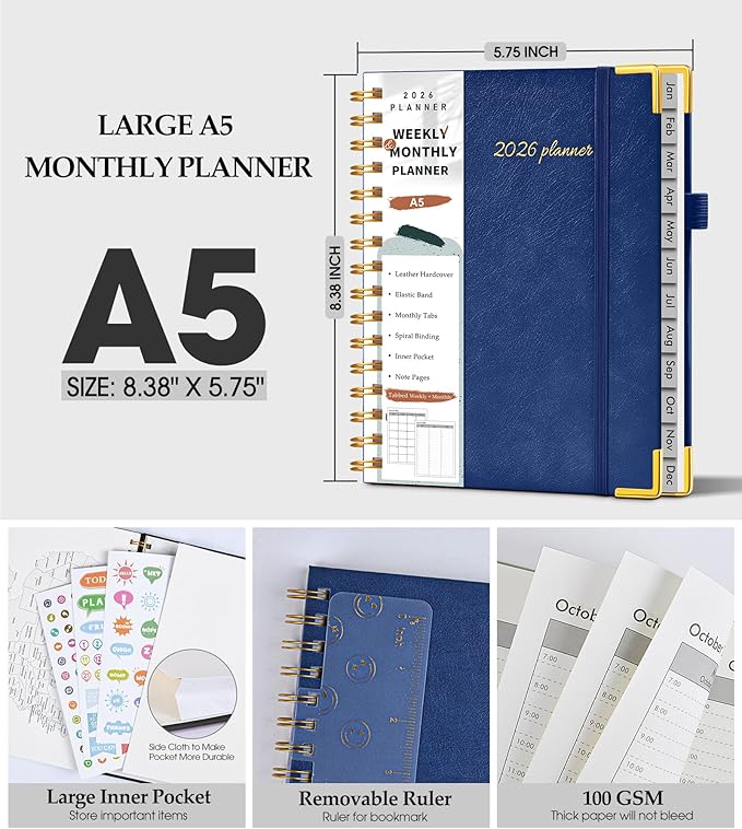 2026 Planner, Weekly and Monthly Calendar Planner from January 2026 - December 2026, 5.75" x 8.38" Hardcover Leather Hourly Appointment Book with Tabs, A5 Spiral Daily Planners for College School Work Home, Navy
