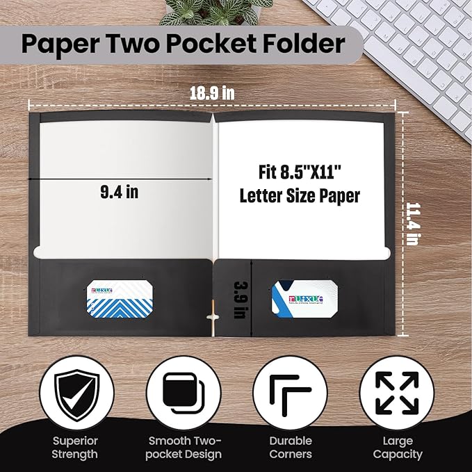 BIBRADAA® 50 Black Folders with Pockets,Two Pocket Folders Bulk Surface Waterproofing,Letter Size,Holds 100 Plus Sheets,for School,Office,Business. (50, Black)