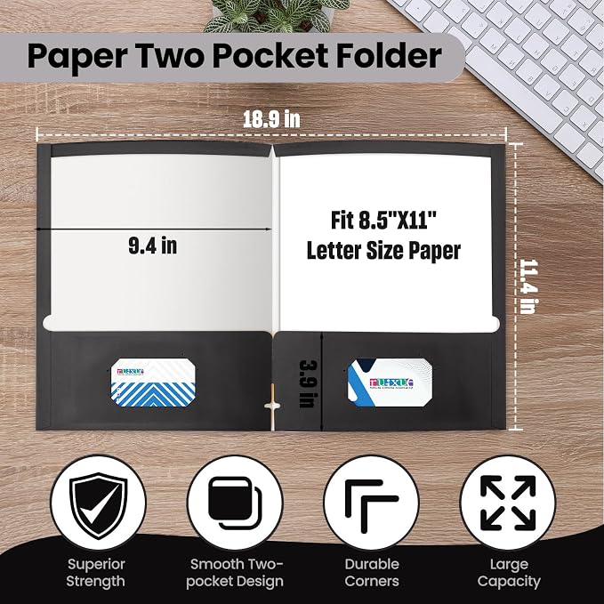 BIBRADAA® 100 Packs Black File Folders,Paper Folder Surface with Waterproofing,Letter Size,Holds 100 Plus Sheets,for School,Office,Business. (100, Black)