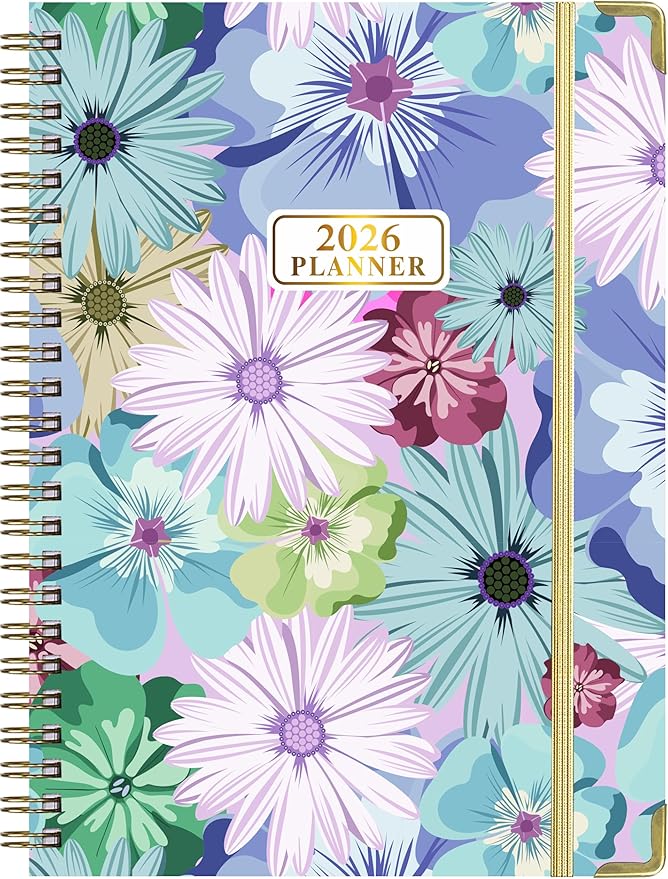2026 Weekly and Monthly Planner, Medium 6.2 x 8.5 Inch, Hardcover with Floral Design, Jan-Dec Calendar, Spiral-Bound with Monthly Tabs, 100 GSM Paper (yellow flower) (puple blue flower))