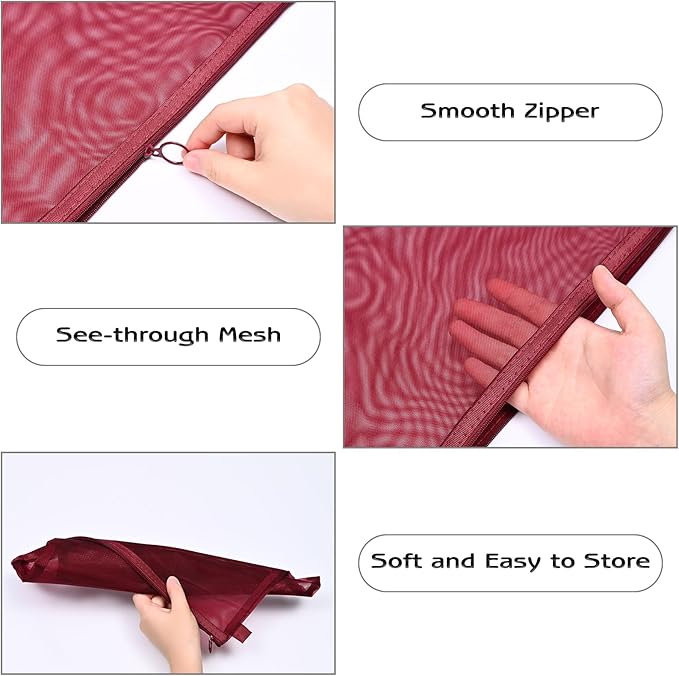8Pcs Mesh Zipper Pouch Bags, Large Nylon Mesh Pouches for Organization, 3 Sizes Clear Travel Document File Storage Bag for School Office Home Supplies (Red, A4 & A5 & A6)