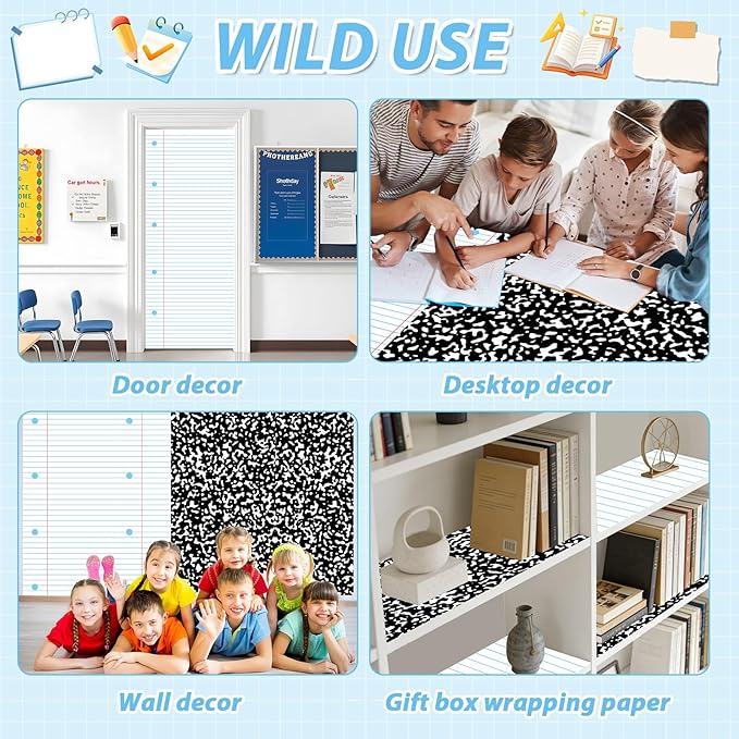 2 Rolls Composition Notebook Bulletin Board Paper Roll Black & White Bulletin Board Background Paper Checked Notebook Classroom Decor Poster for Teacher Supply Office Home Art Craft DIY Party Display