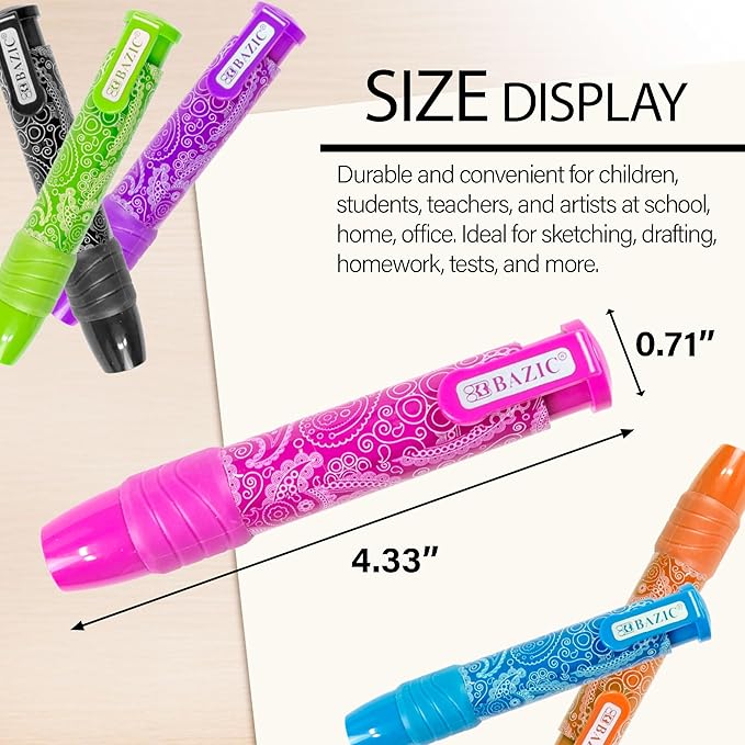 BAZIC Products Retractable Stick Erasers Paisley, Mechanical Pencil Eraser, Large Size Click Eraser for Art Drawing Sketching (2/Pack), 6-Packs