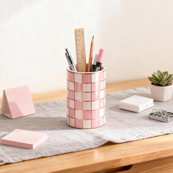 Ceramic Checkered Pen Holder For Desk,Cute Stand Black And White Pencil Cup,Durable Ceramic Pencil Cup, Decorative Makeup Brush Holder Cup, Stationery Holder for Office, School, Home (Pink)