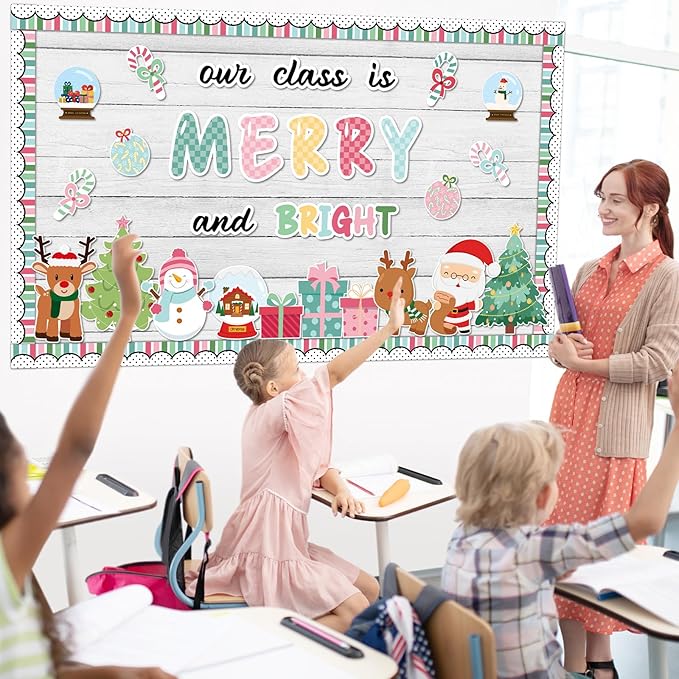 Christmas Classroom Bulletin Board Decorations Santa Xmas Tree Snowflake Cutouts Our Class is Merry and Bright Paper Cutouts Xmas Classroom Decor for Wall Chalkboard Decor Supplies