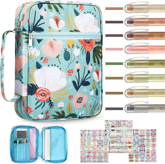 Yaomiao Bible Cover Case for Women Girls Large Bible Bag with Flowers Printing Carrying Case with Handle, 8 Pens, 90 Tabs Cover Bag Portable with Bookmarks for Study Christian Gift(Elegant Style)