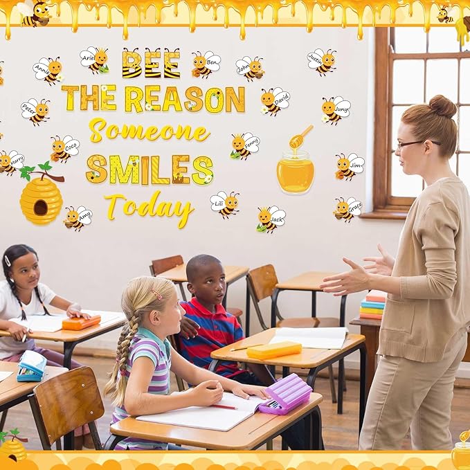 Pasimy Spring Bulletin Board Decorations Set 3D Sunflower Bulletin Board Bee Classroom Decor Honeycomb Butterfly Flower Kindness Cutouts Borders for Home Office Wall Door Window Supplies(Honeybee)