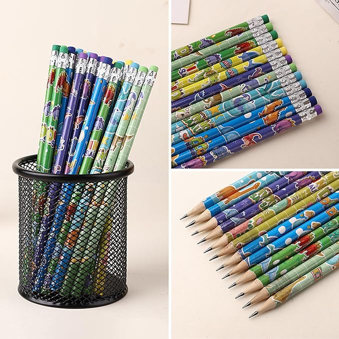 12 Pieces Dinosaur Pencils Dino Pencils with Eraser, Assorted Colorful Pencils, Novelty Fun Wood Pencils for Dinosaur Themed Birthday Party Favor,School Classroom Rewards Pencils