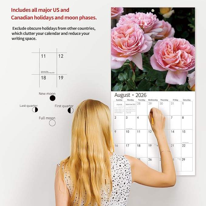 2026 Wall Calendar,Calendar 2026, November 2025 - December 2026, Wall Calendar Roses, 12" x 24" Opened,Full Page Months Thick & Sturdy Paper for Calendar Organizing & Planning