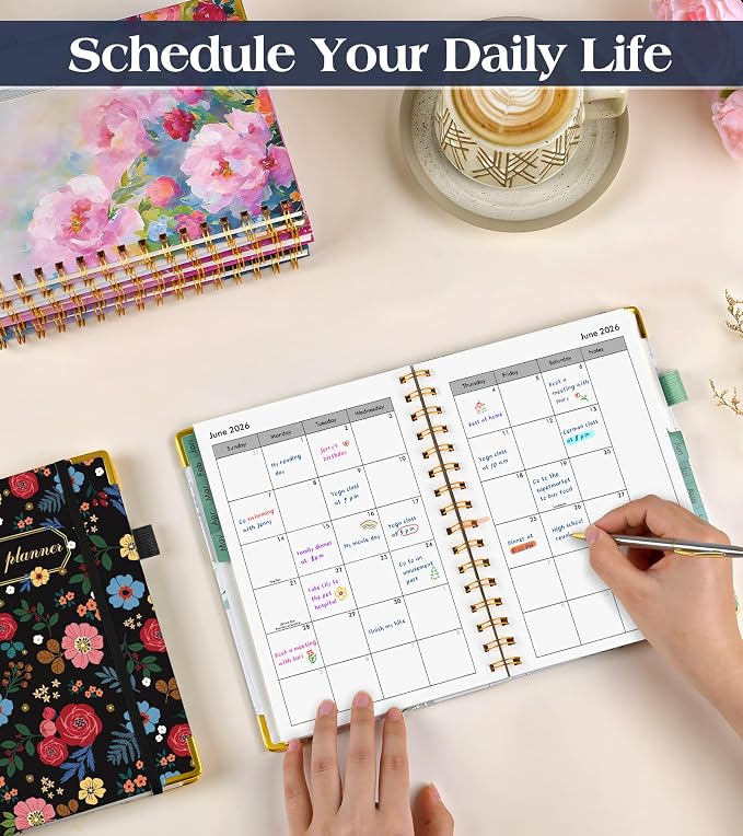 2026 Planner, Hardcover Weekly and Monthly Planner for Women, January 2026 - December 2026, Spiral Yearly Agenda Organizer Book 2026 with Tabs, Daily Calendar Planners for School Work Home, A5 (5.75" x 8.38"), Rose Floral