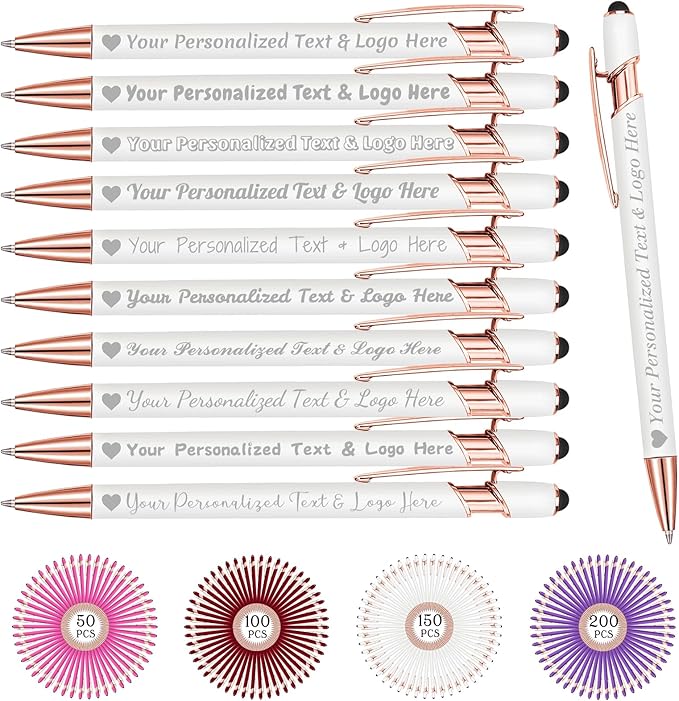 STREADVE Personalized Custom Pens 10 Engraved Writing Pen with Name Logo, Customized Promotional Items Stylus Pen Gifts for Communion Wedding Men Women Realtor Business, White
