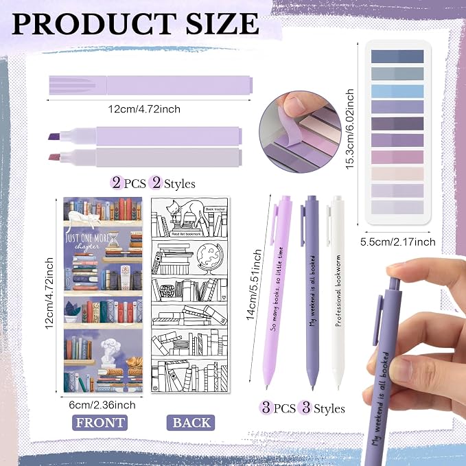 Spakon 7 Pcs Book Lovers Gifts for Readers Bookish Book Annotation Kit Aesthetic Pastel Highlighters No Bleed Gel Pens Reading Tabs Bookmark for Women Library Student Bible(Purple Series)