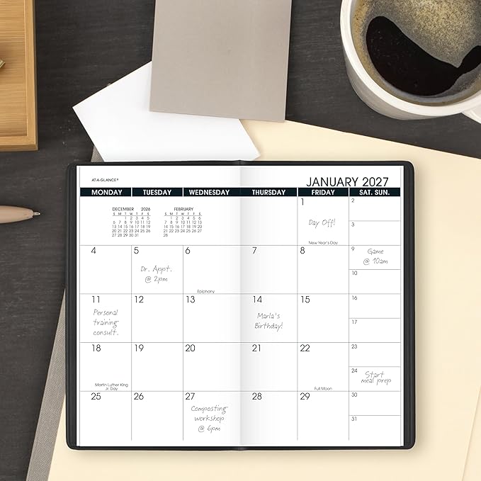 AT-A-GLANCE 2027-2028 Planner, 2-Year Monthly Planner, 3.5" x 6", Pocket Size, Unruled Daily Blocks, Black (700240527)