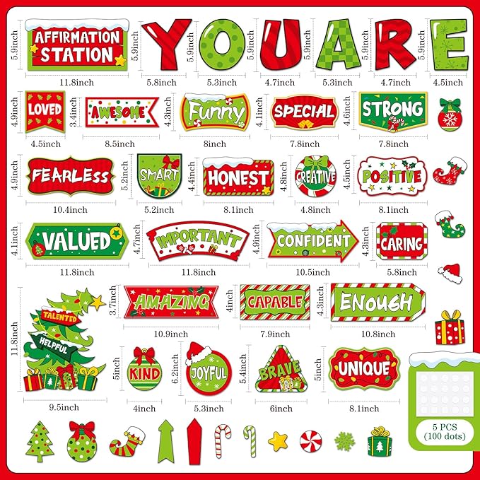 45pcs Bulletin Board Set Motivational Posters Classroom Mirror Growth Mindset Decor Positive Affirmations Accents Cutouts for School Office Home Teacher Wall (Green Christmas)