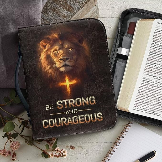 Cool Lion and Cross Psalms PU Bible Cover for Women Girls- Bible Case with Leather Bookmark (Set of 1) - Bible Study Supplies for Home, Office Medium