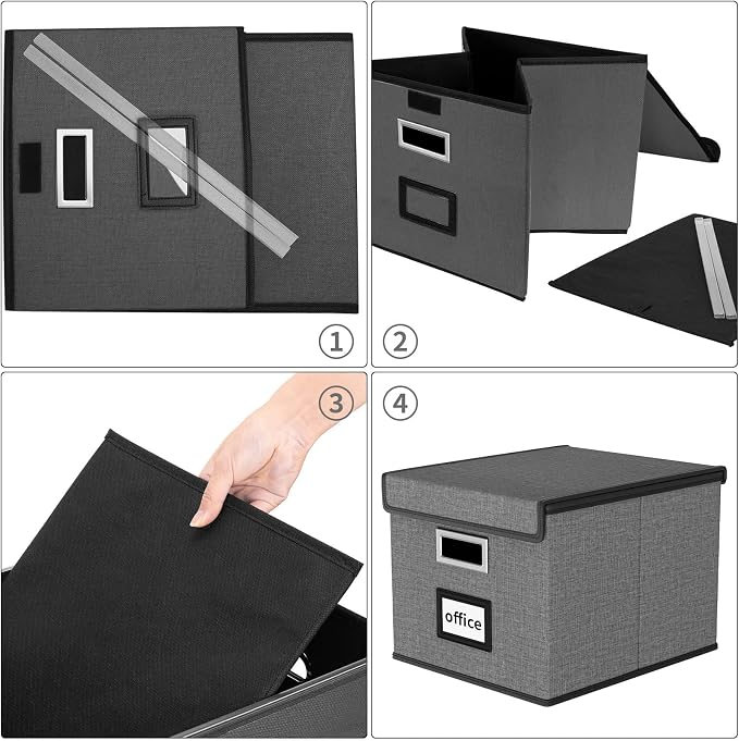 File Organizer Box with Lid, Collapsible File Folder Organizer for Office Document Storage, Filing Box with Plastic Slide for Letter/Legal Size Hanging Files, Dark Grey