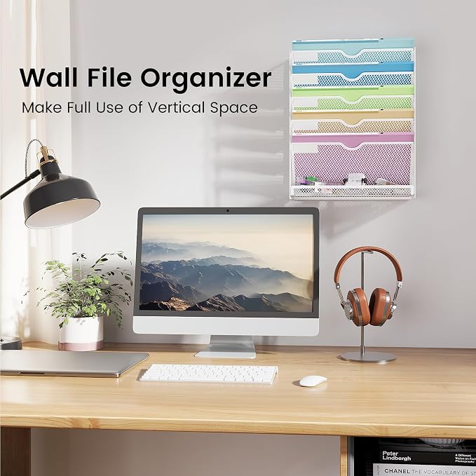 Hanging Wall File Organizer 6-Tier Wall Mount Mail Organizer & Desk Paper Organizer, Sleek White Metal File Folder Holder for Office, Cubicle, Bedroom | All-in-One Document Storage Shelf