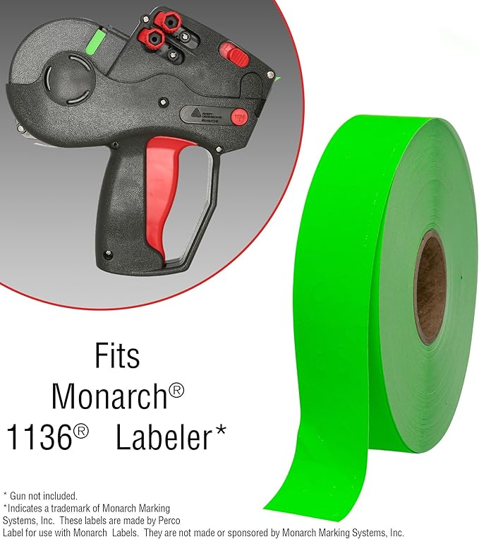 Perco Monarch Ink Roll for Monarch 1131 & 1136 Price Labelers (Pack of 4) Bundle with Perco Fluorescent Green Pricing Labels 1136 Price Gun - 8 Rolls, 14,000 Pricemarking Labels