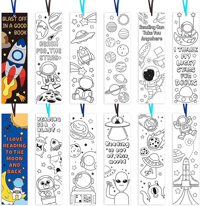 Haooryx Color Your Own Outer Space Bookmarks - 72Pcs Creative DIY Coloring Planet Rocket Spaceship Blank Book Marker for Reading Lovers Accessories Paint Paper Art Craft Space Party Supplies