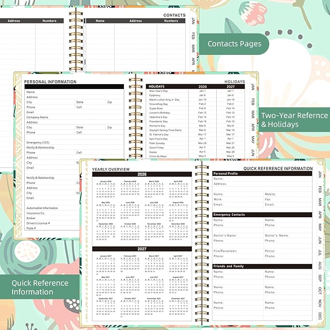 2026 Planner, Jan.2026 - Dec.2026 Planner Weekly and Monthly 6.25"x8.5" with with Page Tabs, Calendar Hardcover with Inner Pocket, Elastic Band, Twin-Wire Binding, Bookmark, Green Flowers