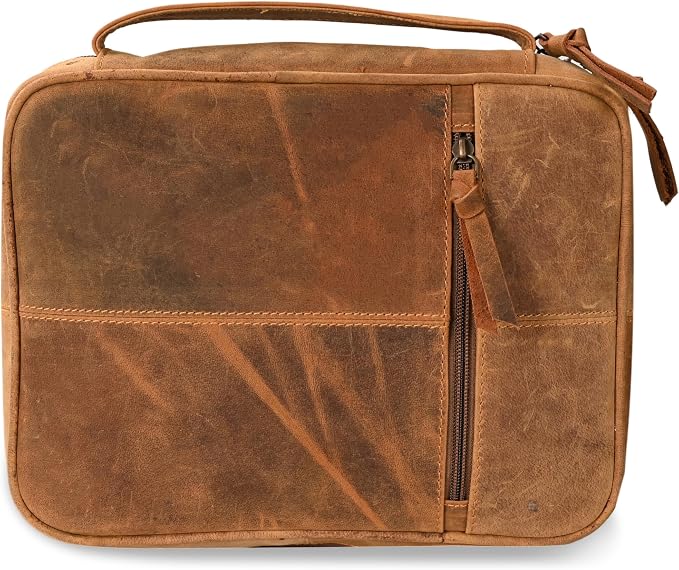 Genuine Leather Bible Case for Men & Women 11 x 8 inch, Bible Cover with Handle & Zip Clousre, Pen Holder, Multiple Storage Compartments Bible Carrying Bag (Yellow Camel)