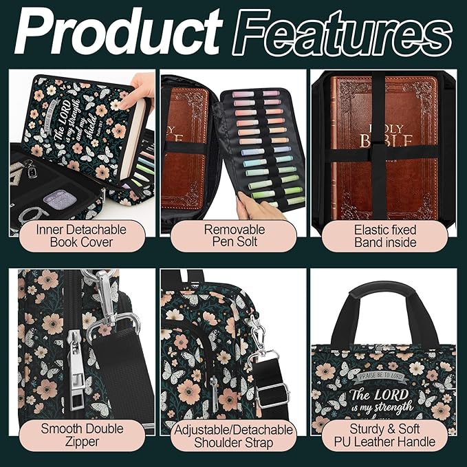 Butterfly Floral Bible Cover Case for Women Bible Study Supplies Accessories Boho Church Bag Christian Gift Book Carrying Case with Shoulder Strap Handle Journaling Kit Large Bible Book Sleeve