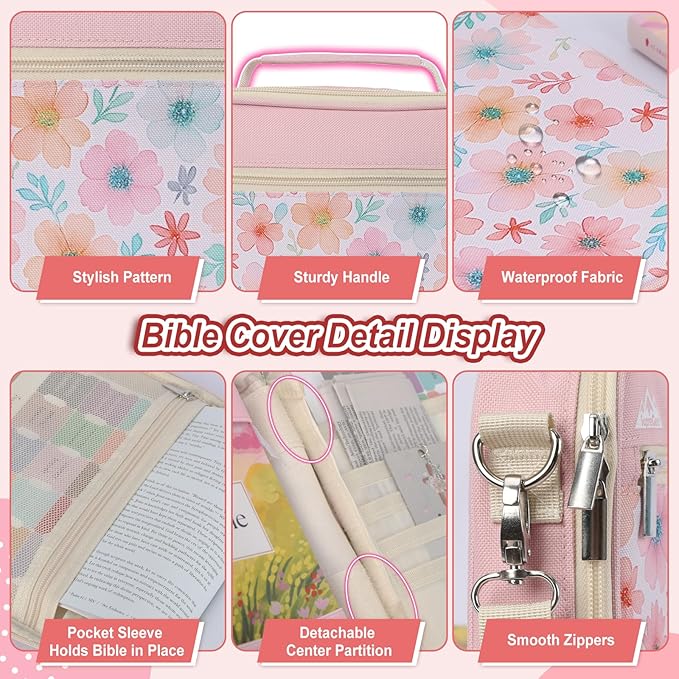 supregear Bible Cover Case for Women, Carrying Book Canvas Church Bag with Shoulder and Handle for Study Supplies Accessories, Quilted Organizer Christian Gift for Girl/Ladies, Floral Pink