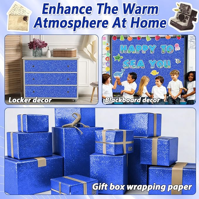Qyeahkj 17in x 20ft Glitter Bulletin Board Paper Roll Bulletin Board Background Paper Fade Resistant Classroom Decoration Poster Art Craft Home Wall Education Decor Royal Blue