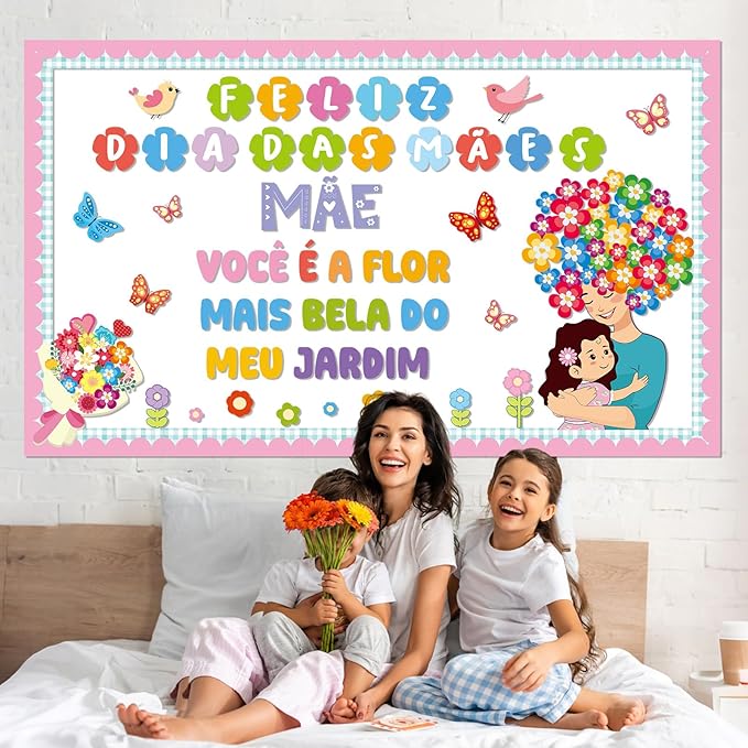 Mother's Day Bulletin Board Set Portuguese Happy Mother's Day Classroom Decoration Feliz Dia DAS MAES Flower Cutouts for Mom Floral Birthday Party School Classroom Home Window Supplies
