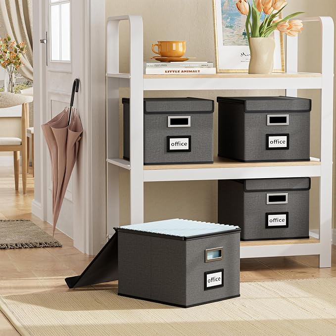 File Organizer Box with Lid, Collapsible File Folder Organizer for Office Document Storage, Filing Box with Plastic Slide for Letter/Legal Size Hanging Files, Dark Grey