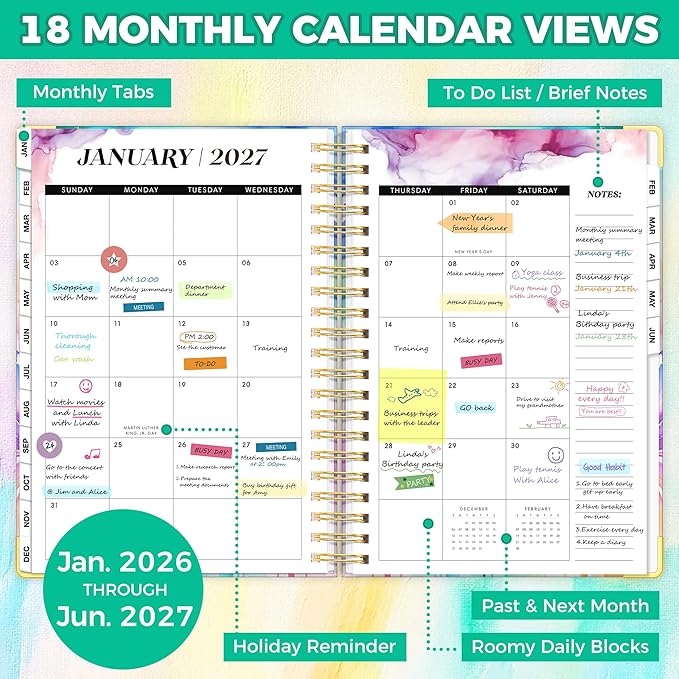 Planner 2026-2027, 18 Month Weekly and Monthly Planner, Jan. 2026 - Jun. 2027, 9" x 11.6" A4 Large Hardcover Calendar Planner with Page Tabs, Separator Page, Inner Pocket, Bookmark, Stickers, Sticky Note Set