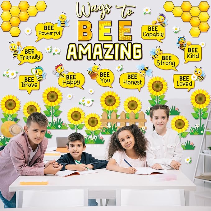 60 PCS Bee Theme Classroom Decorations- Bee Hive Cutouts Bee Bulletin Board Decoration Set Sunflower Cutouts Decor for Bulletin Board Classroom Back to School Library Hoom Window Wall Bee Theme Decor