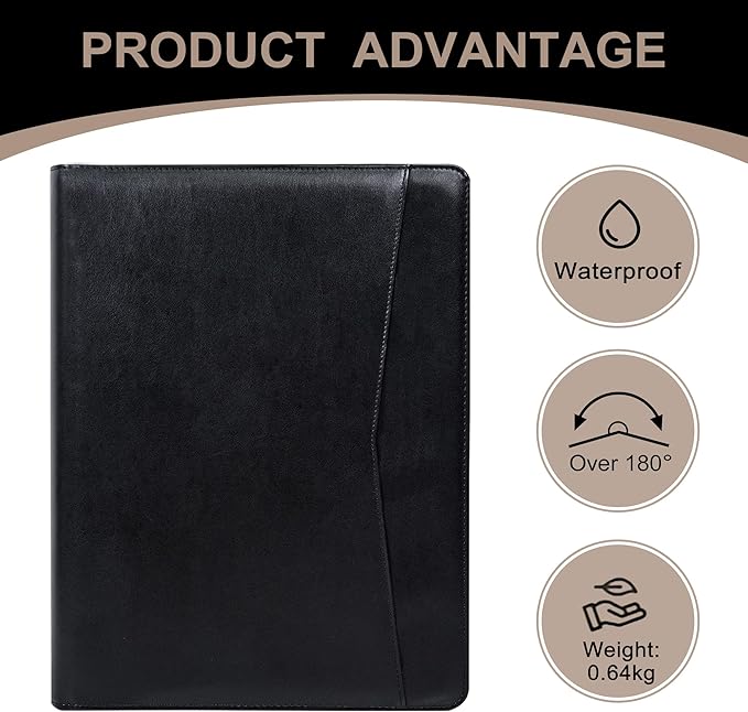 Calfinder Leather Padfolio with Zipper, Professional Business Padfolio for Women,Leather Portfolio for Men,Portfolio Binder for Ipad,Document and Resume,Gift for Valentine's Day