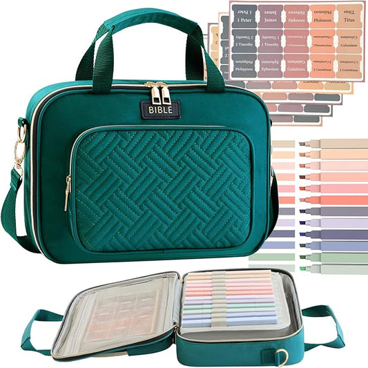 Bible Cover for Women Bible Case, Large Bible Bag, Bible Study Supplies Bible Journaling Kit Book Carrying Case with Bible Highlighters Tabs, Valentines Day Christian Gifts for Women (Green)
