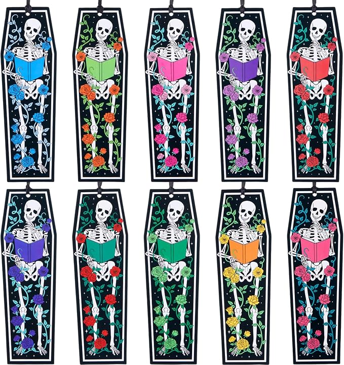TaoBary 100 Pcs Gothic Skeleton Coffin Bookmarks Spooky Skull Book Marker Bulk Double Sided Halloween Horror Book Tracker with Black Ribbon for Bookworm Reading Lovers Gifts Goodie Bag Fillers