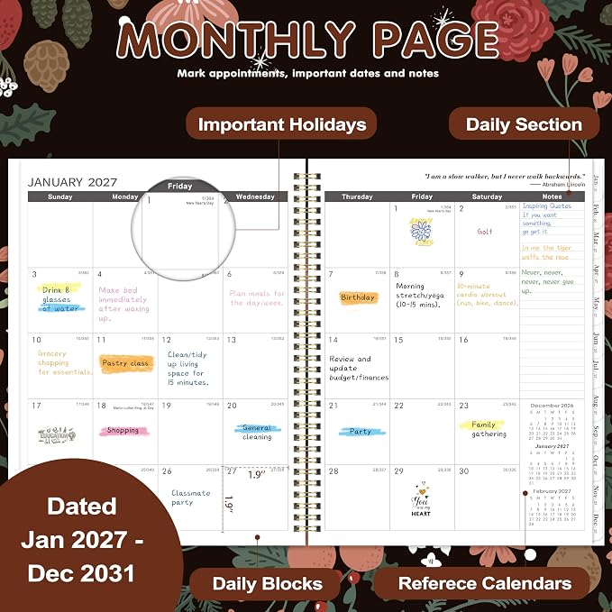 2027-2031 Monthly Planner - 5 Year Planner/Calendar, 5 Year Calendar 2027-2031 Monthly Planners with Tabs, JAN. 2027 - DEC. 2031, 9" x 11", Twin-Wire Binding, Double-Side Pocket - Pinecone