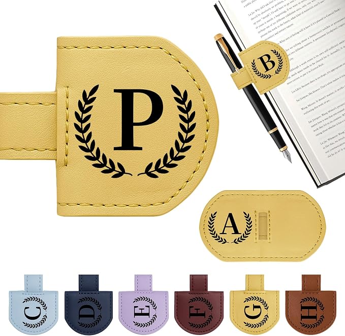 Personalized Magnetic Bookmark Pen Holder, Leather Book Marks for Reading Women& Men, Engraving 26 Letters Name Initial Bookmarks with Pencil Pen Holder, Gift for Book Lovers, Readers (Yellow, P)