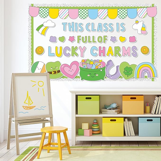 St. Patrick's Day Bulletin Board Decoration Lucky Shamrock Clover Rainbow Gold Coin Irish Clover Cutouts March Classroom Bulletin Board Set for School Chalkboard Wall Door Decoration Favor