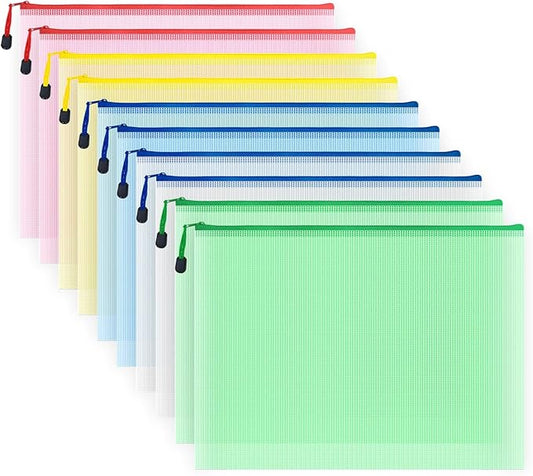10 Pcs Zipper File Bags, Waterproof Plastic Mesh Pouch for Office School, Board Game Storage Bags (B4 Size 15''x11'', Multicolored)