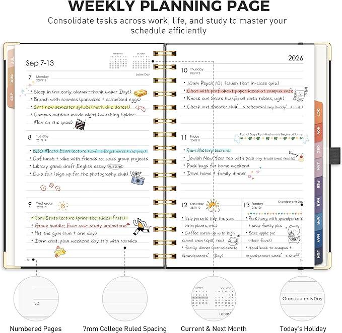 RETTACY Academic Planner 2026-2027, Weekly and Monthly, July 2026 - June 2027, Medium Size (5.7" x 8.3"), Calendar, Agenda, 12-Month Tabs, Hardcover, for Student, Teacher, School (Black)