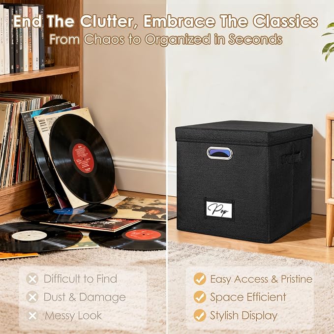 Vinyl Record Storage Box Set of 2 - for 100+ Single LPs (12-Inch), Stackable Albums Linen Crate with Lid, Play Music Collection Holder, Document File Folder Cabinet Organizer Case with Handle