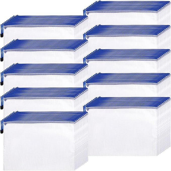 Zhehao 100 Pcs A4 Mesh Zipper Pouch Bag Bulk Mesh Pouch with Zipper Waterproof Clear Storage Bag for School Office Supplies Cosmetics Travel,13.19 x 9.45 in (Blue)