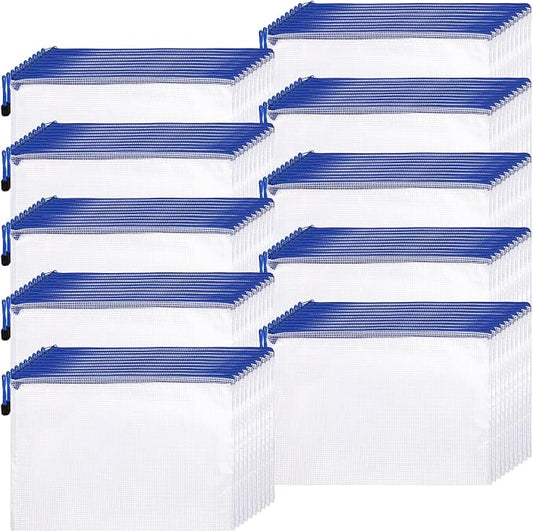 Zhehao 100 Pcs A4 Mesh Zipper Pouch Bag Bulk Mesh Pouch with Zipper Waterproof Clear Storage Bag for School Office Supplies Cosmetics Travel,13.19 x 9.45 in (Blue)