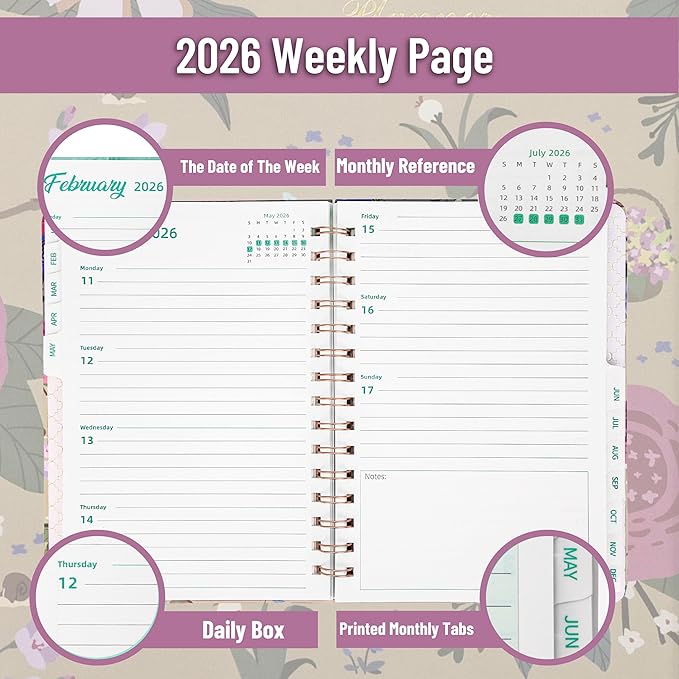 2026 Planner, Weekly and Monthly Calendar Planner for Women, Jan 2026 - Dec 2026, Hardcover Planning Agenda book, Spiral Bound, Inner Pocket, 6.3" x 8.5"