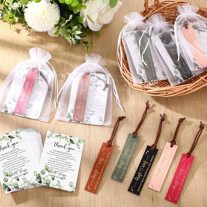 Dispowreath 50 Sets Wedding Favors for Guests Bulk Includes PU Leather Bookmarks Cards and Organza Bags Bridal Shower Thank You Gifts Wedding Welcome Gifts Recuerdos para Boda