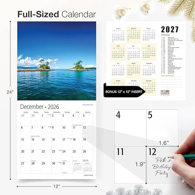 RED EMBER Select - Untamed & Scenic Tropical Islands 2026 Wall Calendar 12 Month | 12" x 24" Open | Thick & Sturdy Paper | Giftable | Ocean Nature Travel Beach Calendar 2026
