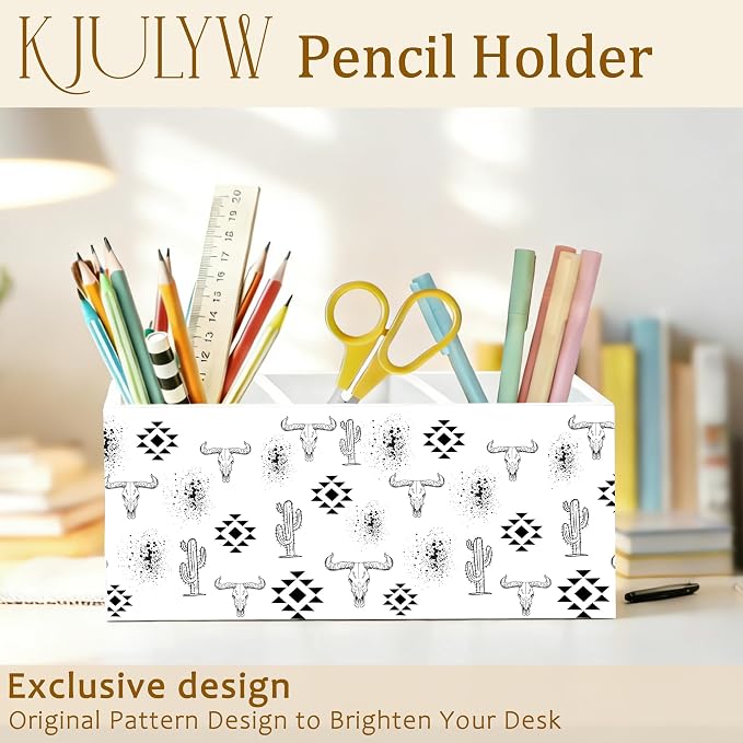 Western Desk Accessories Pen Holder, Western Office Decor, Boho Aztec Bull Skull Cactus Wooden Box Pencil Pen Holder Organizer for Home Office Desk Accessories