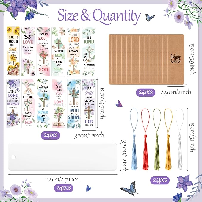 Haooryx Flowers Christian Bible DIY Bookmark - 96Pcs Floral Bible Verse Tassel DIY Bookmark UV DTF Transfer Sticker Blank Transparent Rectangle Acrylic Book Marker Kid DIY Crafts Kit Birthday Gift Tag