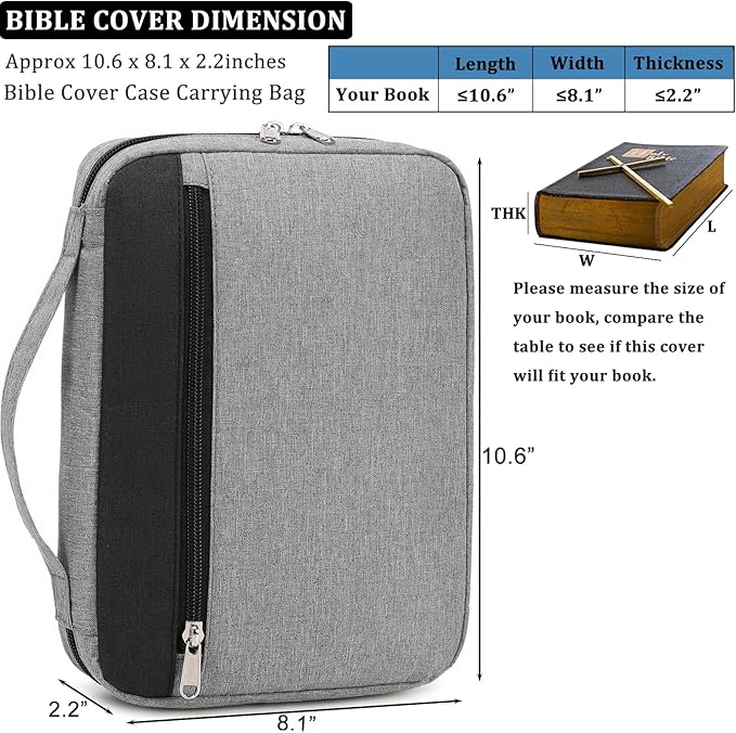 JIANYA Bible Cover Case for Women and Men, Bible Book Carrying Case Church Bag Bible Protective with Handle and Pocket, Grey