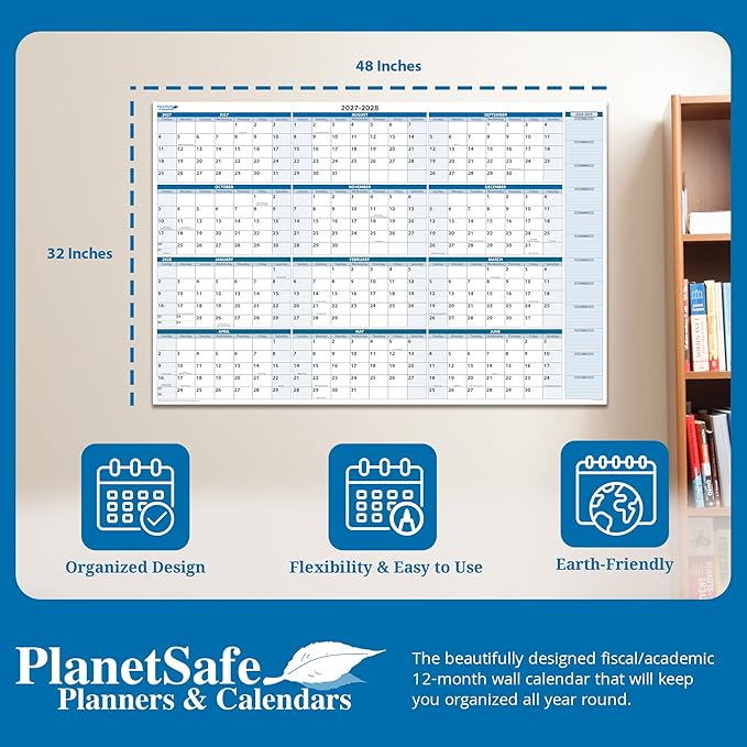 2028-2029 Fiscal Horizontal Premium Dry-Erasable Wall Calendar July to June 32" x 48" Marker and Eraser included